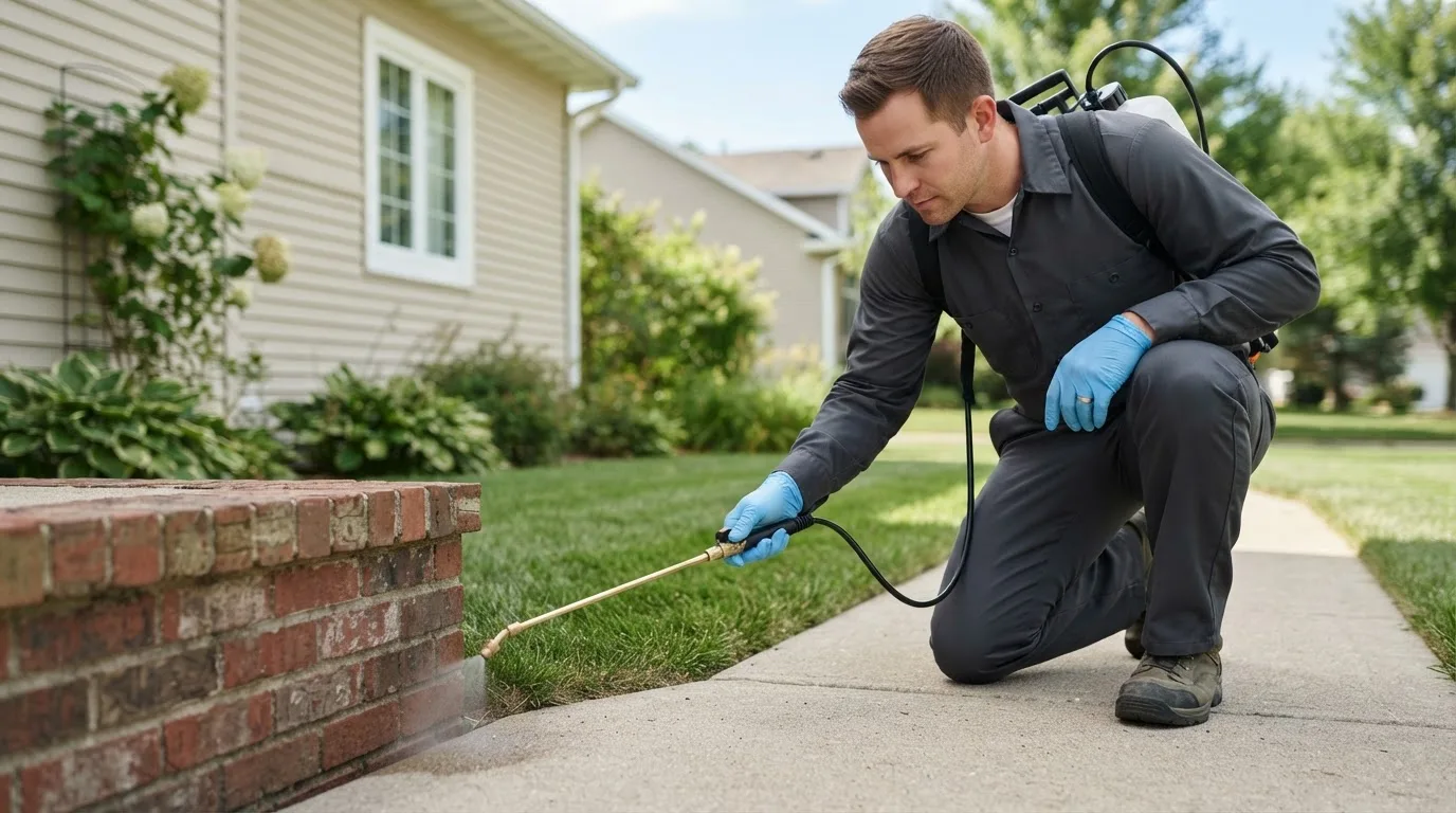 Pest control technician treating a home near Crothersville, IN